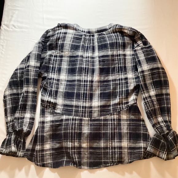 Pilcro by Anthropologie Plaid Ruffle Neck Blouse Navy Cream Medium - Picture 11 of 11